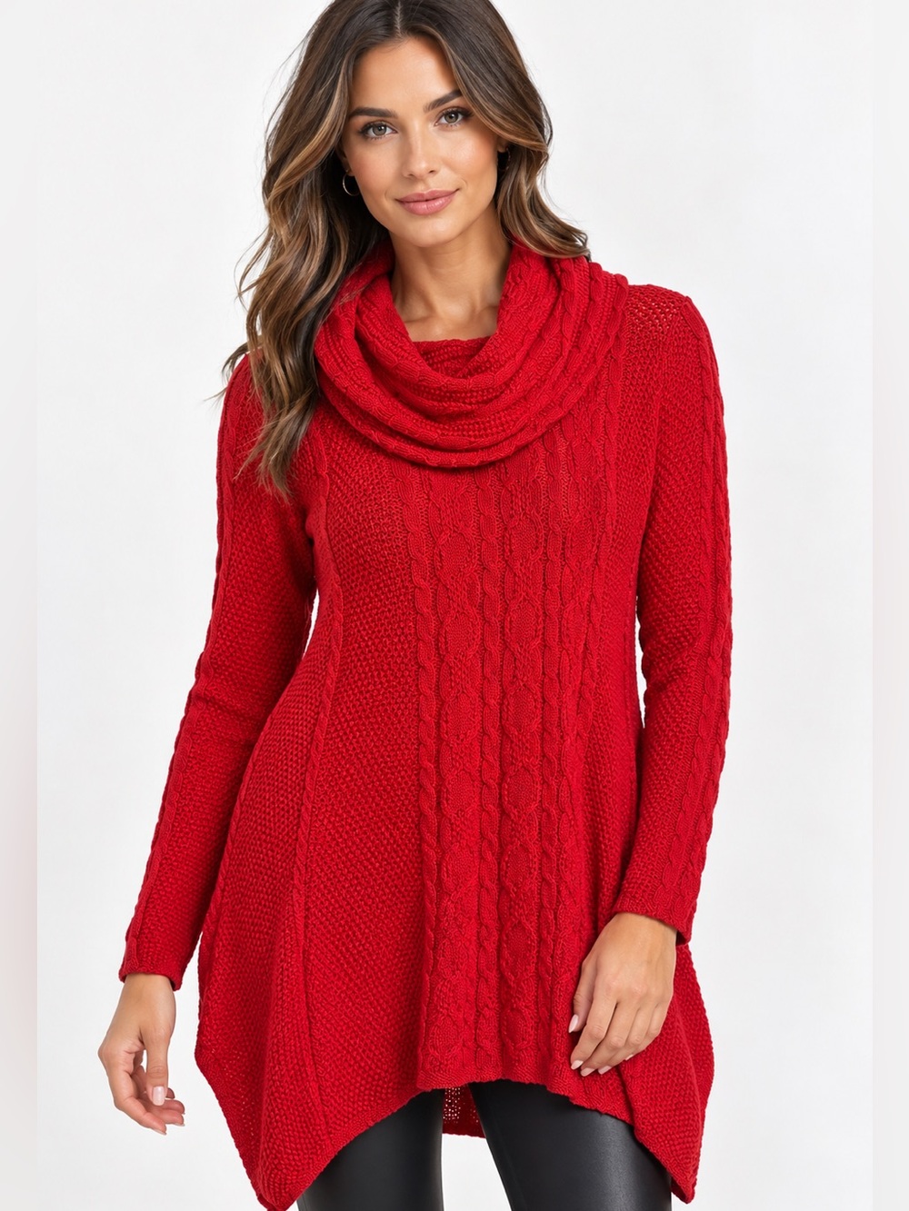 JEANNE PIERRE Red Cable-Knit Cowl Neck Sweater